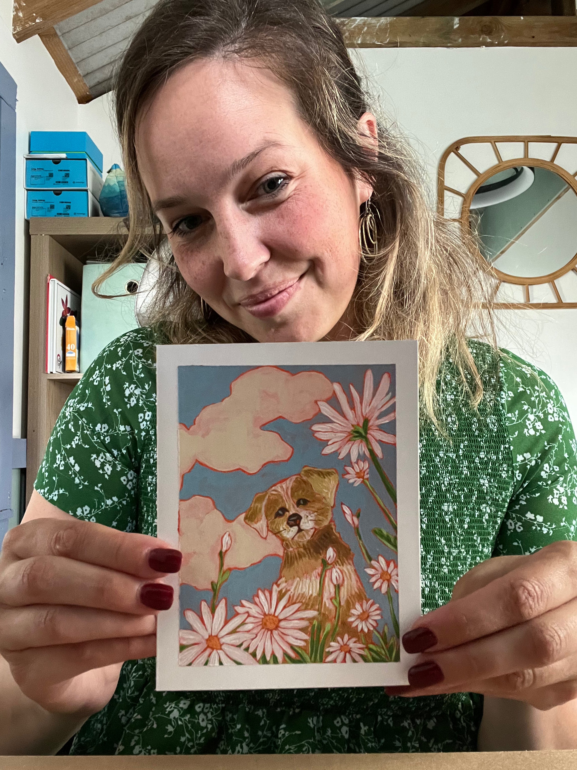 Puppy in a Field of Daisies Print 4.25" x 5.5."