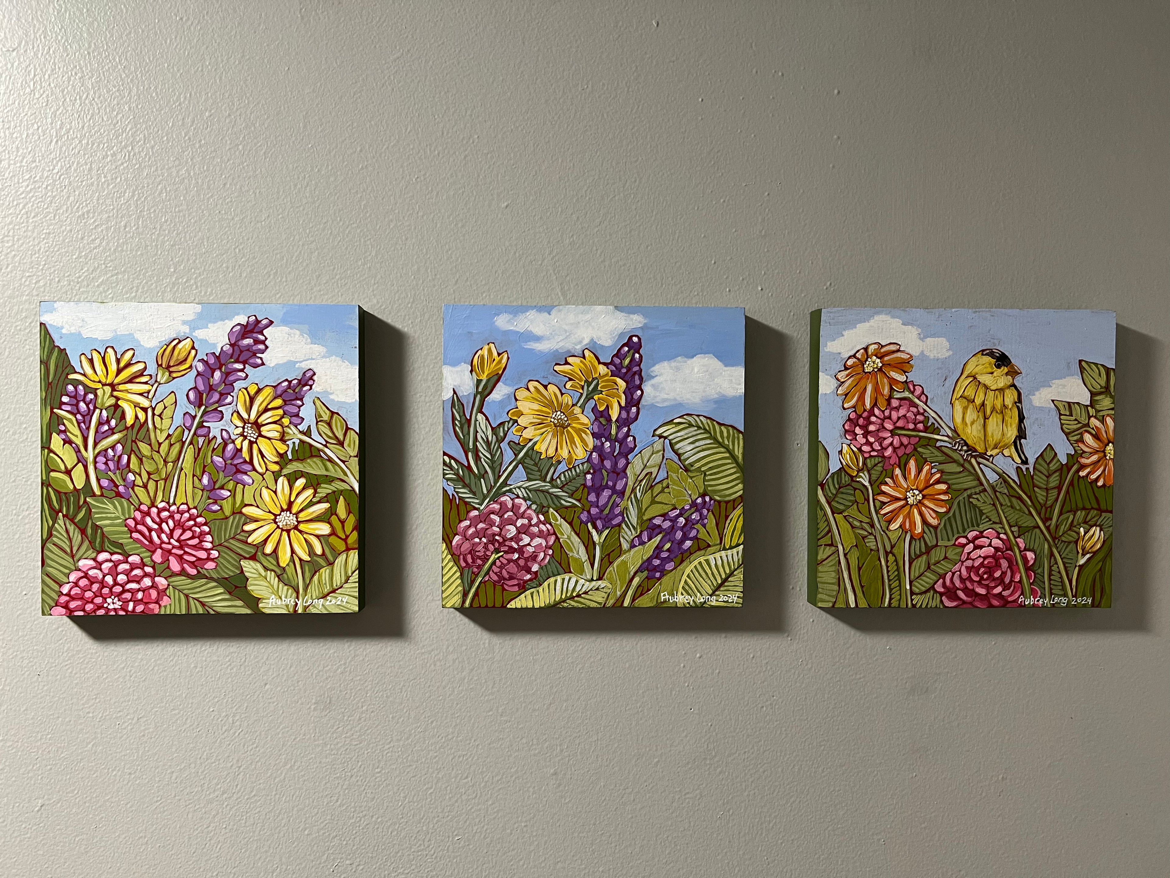 Flower Garden with Goldfinch Triptych