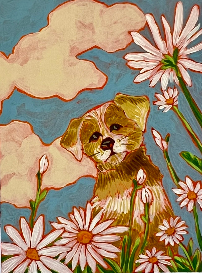 Puppy in a Field of Daisies Print 4.25" x 5.5."